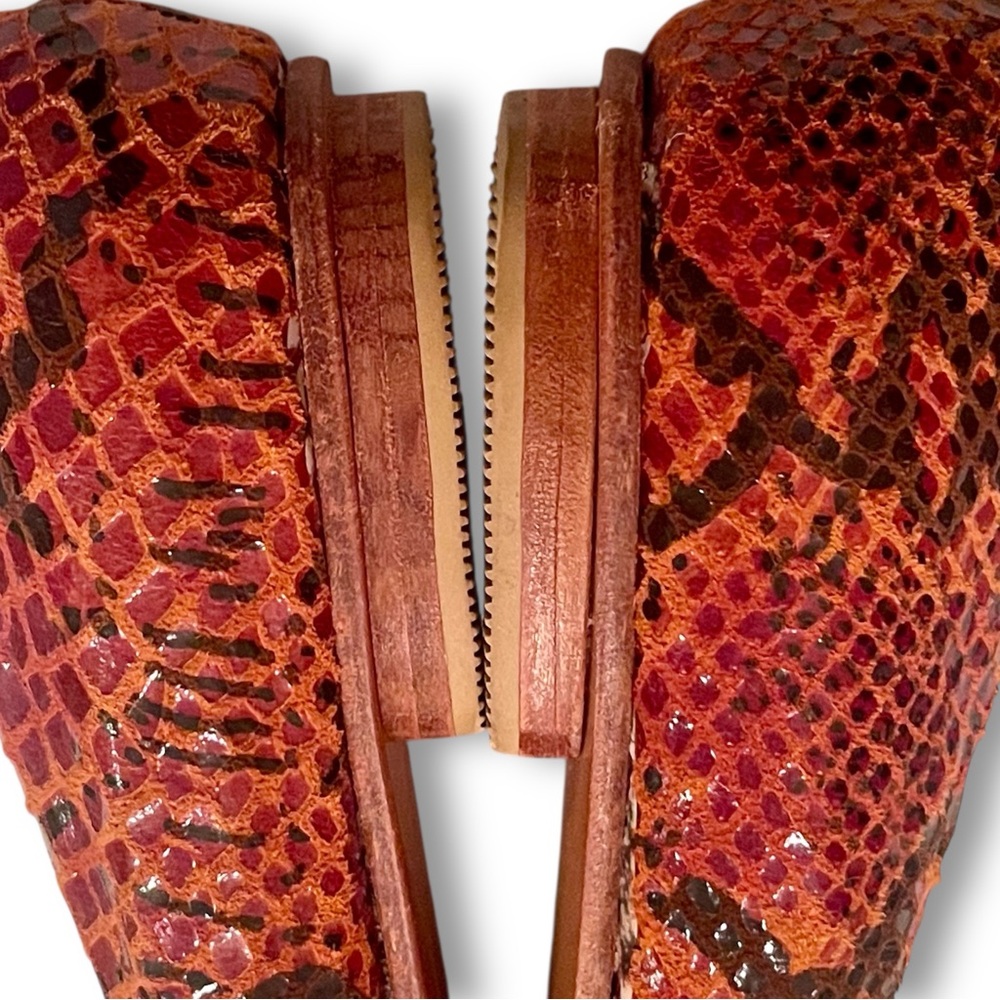 MERE Handcrafted Brocade Contrast Texture Snakeskin Pointed Toe Wood Heel Flats - Picture 13 of 16